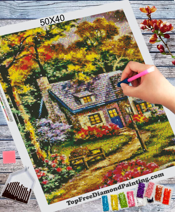 A small picturesque house with a lovely yard. Wonderful flowers and trees surround her topfreediamondpainting