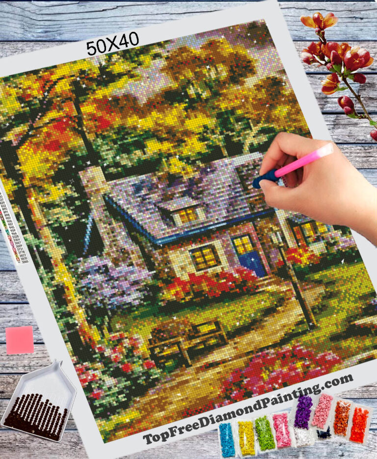 A small picturesque house with a lovely yard. Wonderful flowers and trees surround her topfreediamondpainting