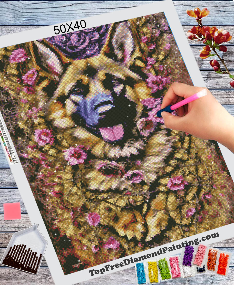 Pink Flowers Adorn the German Shepherd Dog Diamond Painting Kit