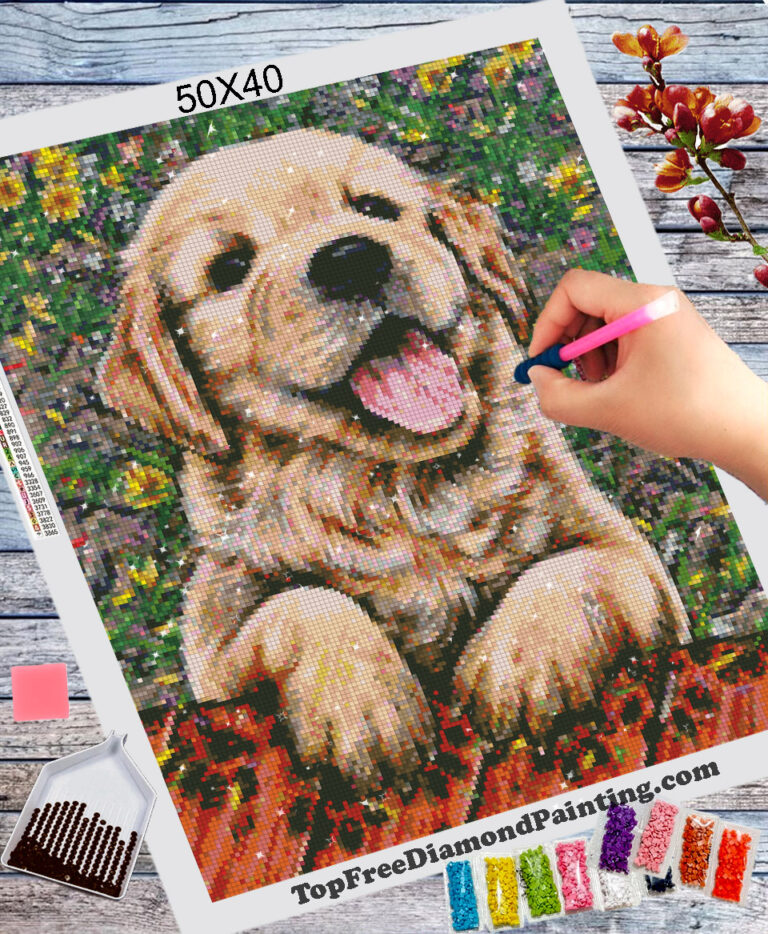 Puppy In The Garden Golden Retriever Diamond Painting Kit topfreediamondpainting