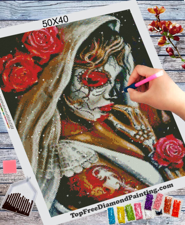 Skull Hell Princess with roses diamond painting Topfreediamondpainting
