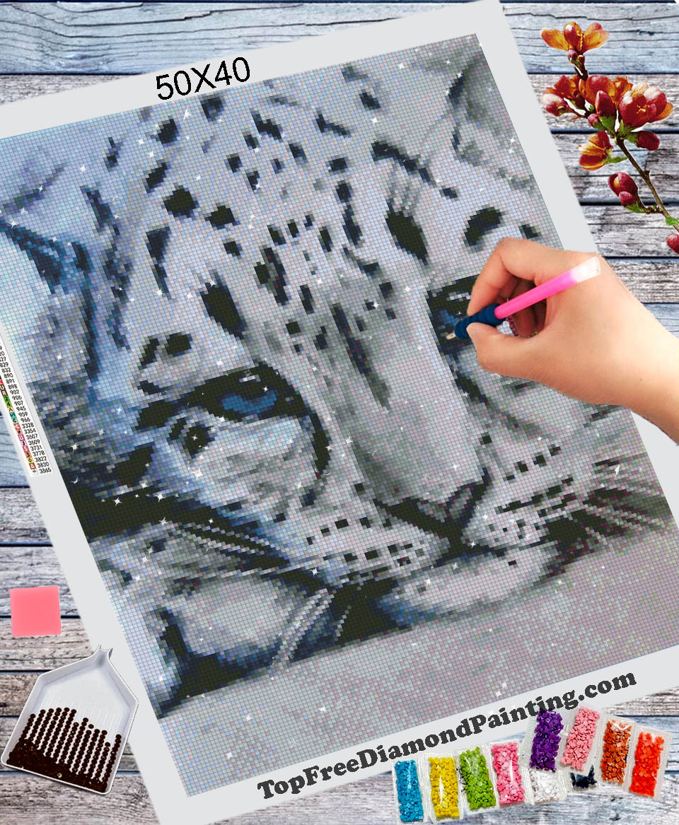 Snow Leopard with stunning blue eyes Topfreediamondpainting diamond painting