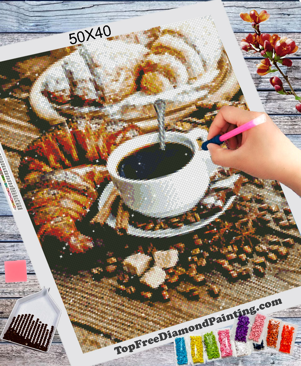 Aromatic Hot Coffee in white cup with croissan diamond painting kit