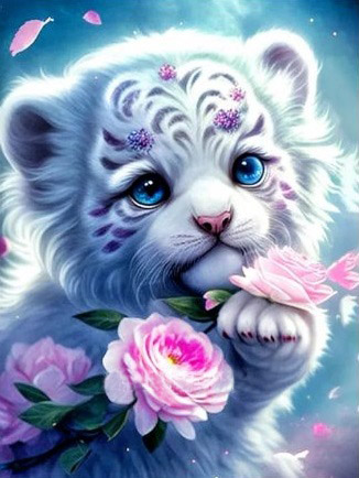 Little Cute White Tiger With Rose Diamond Painting Kit